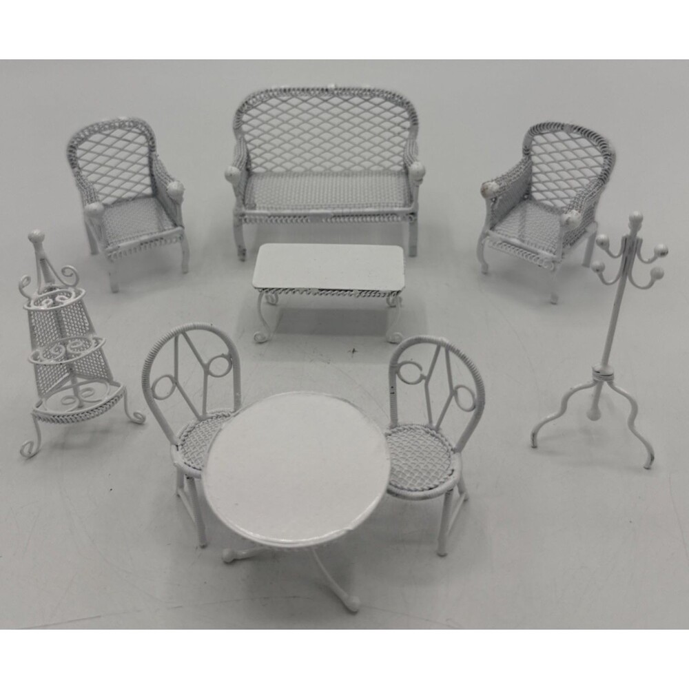 Vintage Garden Table & Chair Metal Dollhouse Miniature Patio Furniture Set of 9